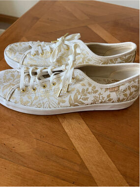 Keds Rifle Paper Co. Floral Sneakers White and Gold 10 New